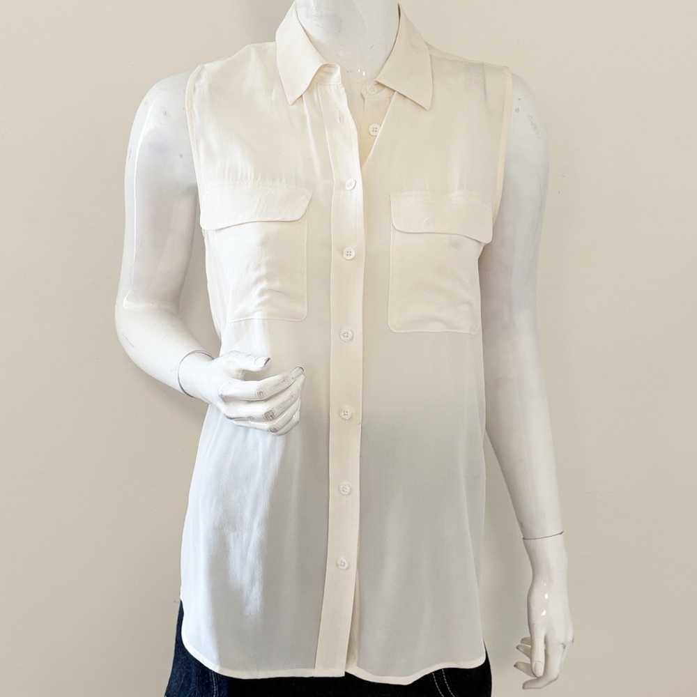 Equipment Femme Sleeveless Collared Silk Button Down  Blouse Top Shirt in Cream